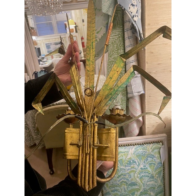 Mid 20th Century Pair of Vintage Gilt Double Arm Wheat Sconces For Sale - Image 5 of 6
