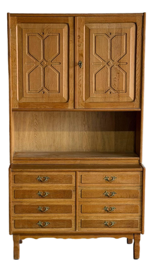Vintage Danish Oak Hutch Cabinet in Style of Henning Mid Century Storage Display Cabinet