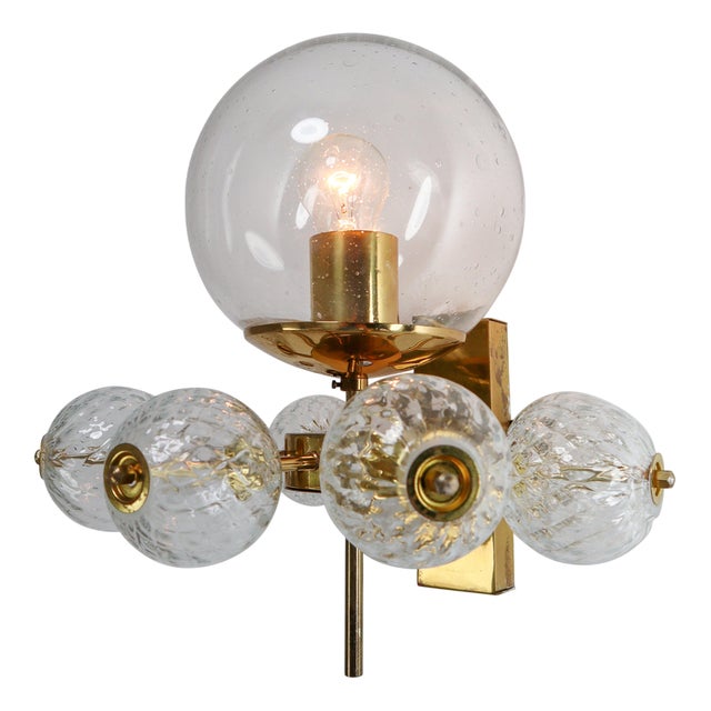 Mid-Century Wall Light with Brass Fixture & Hand-Blown Glass Globes, CZ, 1970s For Sale