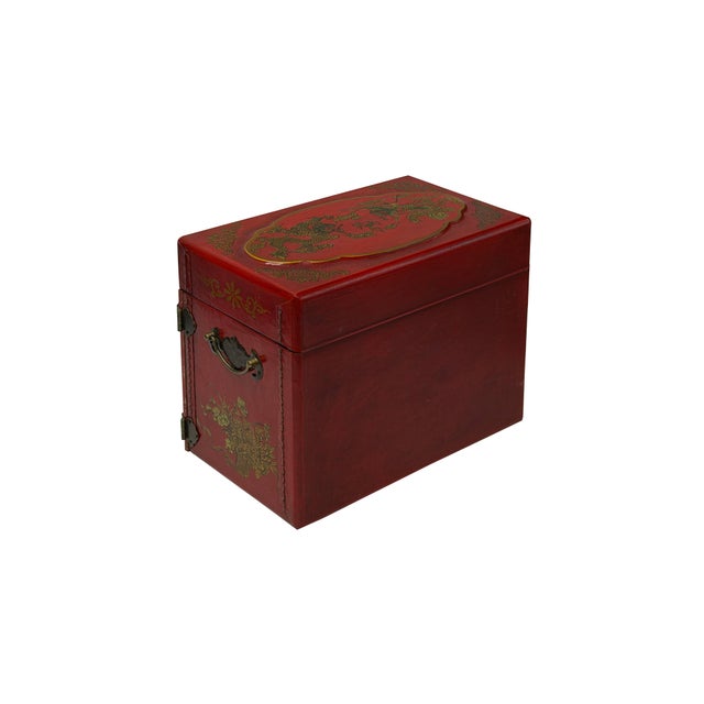 Wood Chinese Oriental Red Dragon Phoenix Mirror Rectangular Jewelry Box For Sale - Image 7 of 10