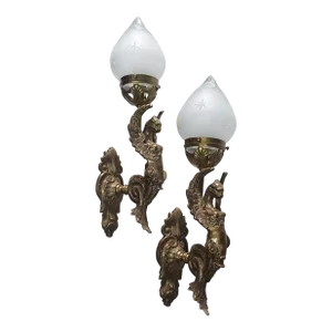 Pair Vintage Art Nouveau Deco Lion Mermaid Wall Sconces Fixture Brass & Star Glass Light