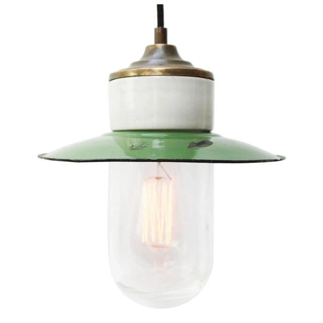 Vintage Industrial Green Enamel Brass, Porcelain, and Clear Glass Pendant Lamp For Sale - Image 6 of 7