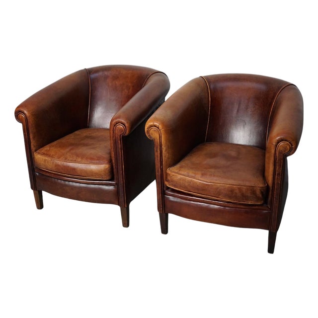 Vintage Dutch Cognac Colored Leather Club Chair, Set of 2 For Sale
