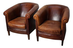 Vintage Dutch Cognac Colored Leather Club Chair, Set of 2