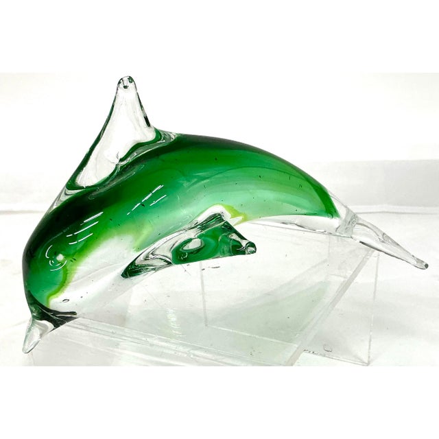 Beautiful bright green and clear glass Murano dolphin.