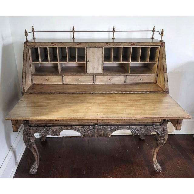 1990s Lillian August French Provincial Painted Floral Slant-Front Secretary Desk With Brass Gallery For Sale - Image 10 of 18