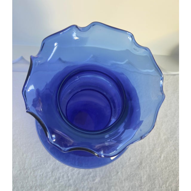 Glass Vintage Cobalt Blue Blown Glass Vase 10” High Ruffled Edge Made in Colombia For Sale - Image 7 of 7