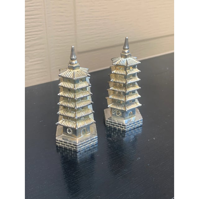 Godinger 1970s Godinger Silver Plate Chinoiserie Pagoda Salt & Pepper Shakers For Sale - Image 4 of 8