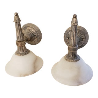 Cyan Design Cristal Aslan Natural White Alabaster and Cast Solid Brass Wall Sconces in Silver Oxide Finish - A Pair For Sale