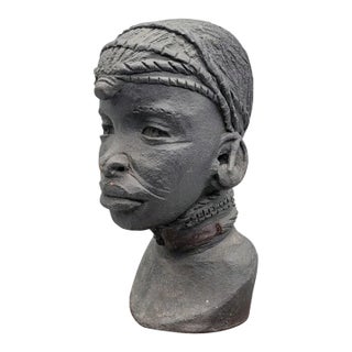Late 20th Century Signed Flora Busia Sculpted Clay Bust of Maasai Woman For Sale