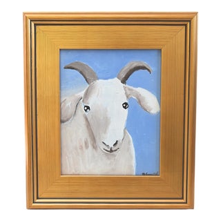 Folk Art Billy Goat Portrait Painting Including the Antiqued Gold Wood Frame For Sale