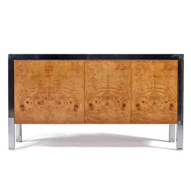 Vintage 1970s burl wood credenza by Pace Collection with chrome trim. The Post-Modern credenza has been restored,...