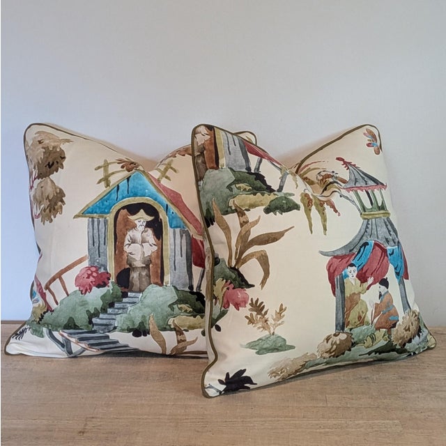 Brunschwig & Fils Luang Print Pillows in Meadow With Green Cord- Double Sided For Sale In Greensboro - Image 6 of 7