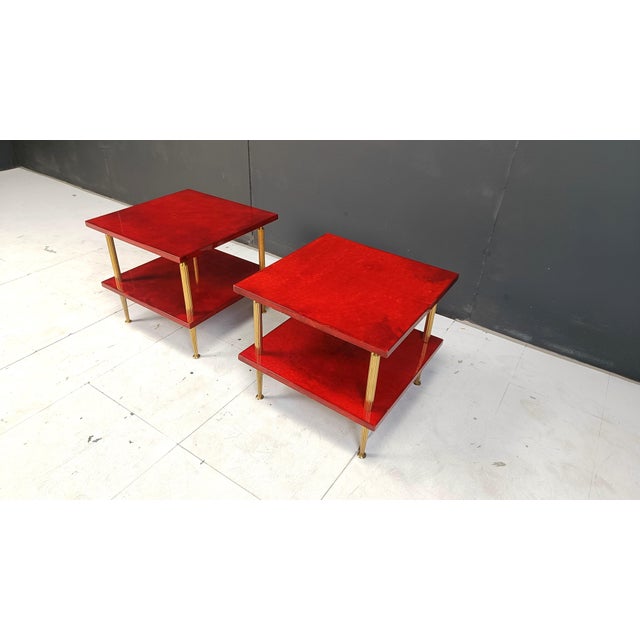 Red Two Tier Lacquered Goatskin Side Tables attributed to Aldo Tura, 1960s, Set of 2 For Sale - Image 8 of 15