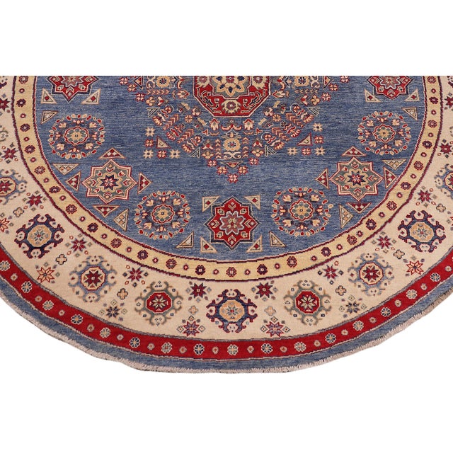 Art Nouveau Boho Chic Kazak Light Blue/Beige Wool Round Rug- 8'0''x8'0'' For Sale - Image 3 of 9