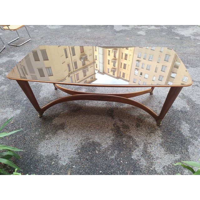 Wooden Palazzi Dell'Arte Esposizione Dining Table with Brass Ends and Burgundy Glass from La Permanente Mobili Cantù, 1950s For Sale - Image 12 of 16
