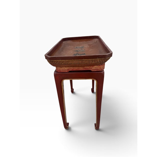 Vintage Chinese Red Lacquer & Woven Rattan Removable Tray Table With Calligraphy For Sale - Image 4 of 14