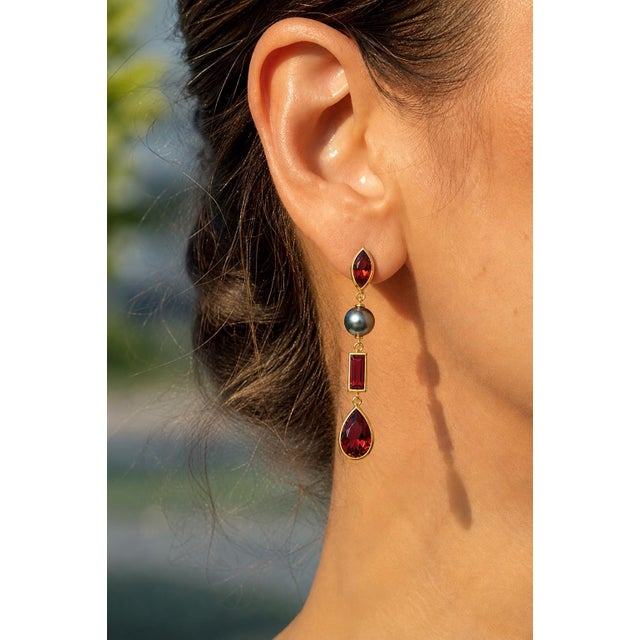 Garnet & Pearl Drop Earrings Studs, Silver, Gold, Pair For Sale - Image 4 of 9