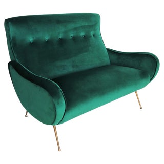 Mid-Century Italian Sofa or Settee in Green Velvet with Brass Tips, 1950s For Sale