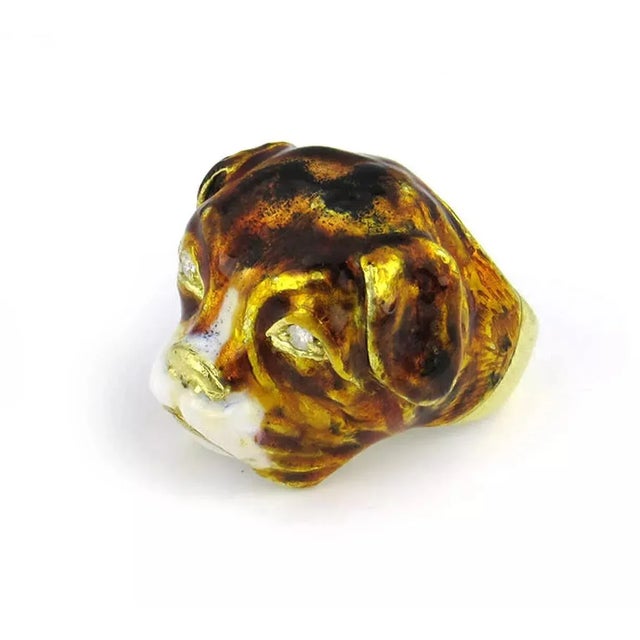 This is an adorable and detailed sculpted dog ring. It is crafted from 18k yellow gold featuring the head of a cute...
