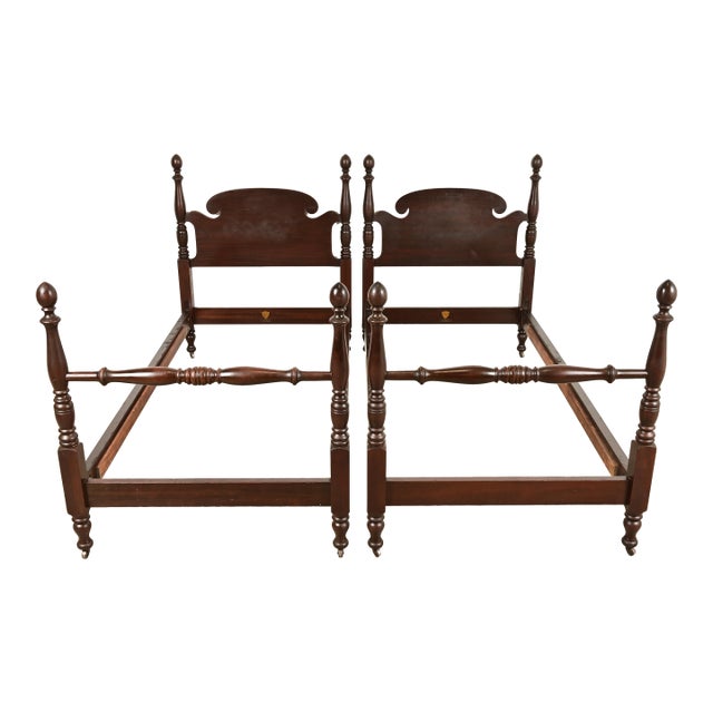 Kindel Furniture Antique Georgian Carved Solid Mahogany Twin Size Poster Beds, Pair For Sale