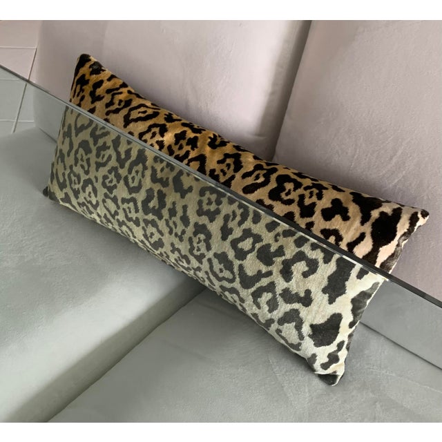 “Famous silk tapestry leopard fabric” made into lumbar pillows with down inserts and hidden zipper