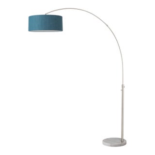 1960s Adjustable Mid Century Floor Lamp - 92" Modern Arc Lamp, Satin Nickel Finish, Pool Blue Linen Shade, Dimmable For Sale
