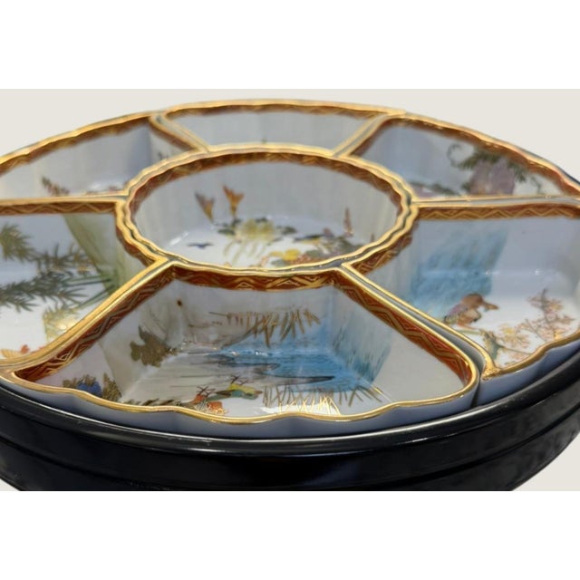 Vintage Japanese Porcelain 7-Pc Lazy Susan Sweet Meat Set Birds Flowers Gold For Sale - Image 4 of 13
