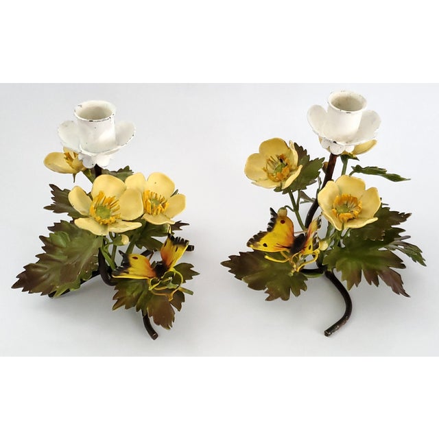 Metal Candlesticks Tole Painted Metal Butterflies & Flowers 1960s Italy For Sale - Image 7 of 12