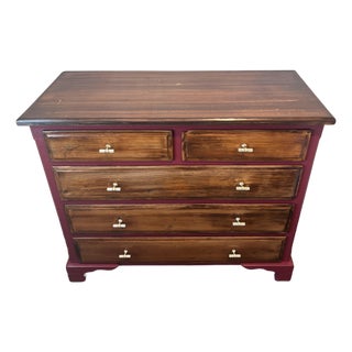 One-of-a-Kind Restored Vintage Floral Dresser in Deep Red & Stained Wood For Sale