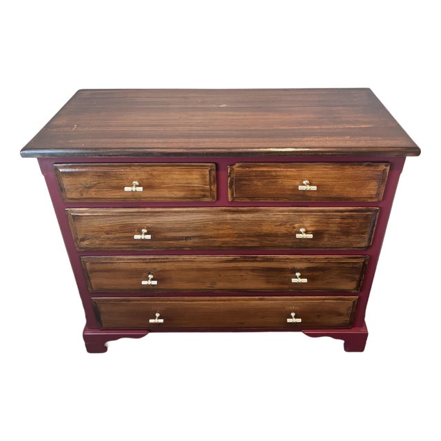 One-of-a-Kind Restored Vintage Floral Dresser in Deep Red & Stained Wood For Sale