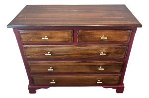 One-of-a-Kind Restored Vintage Floral Dresser in Deep Red & Stained Wood