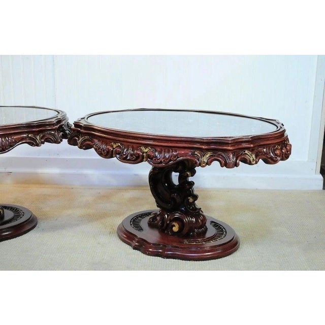 Vintage Mediterranean Style Carved Syroco Glass Top Round Low End Tables - Pair For Sale - Image 4 of 10