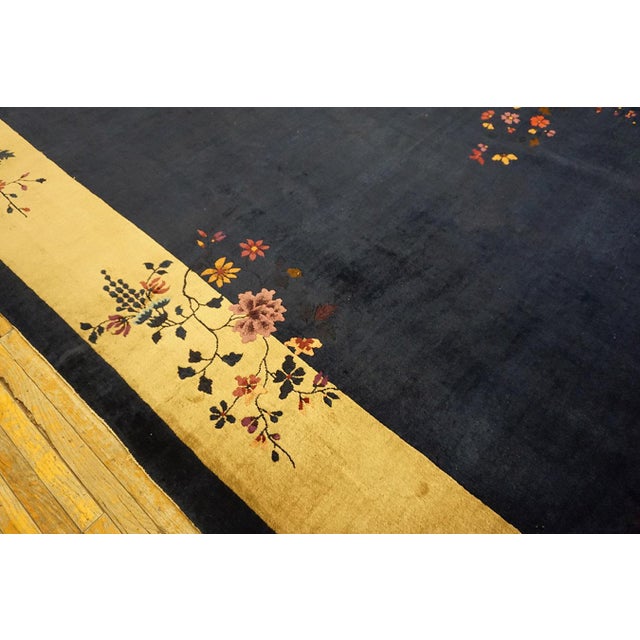 Beige Border and Navy Color Field Underscores Floral Chinoiserie Style Chinese Art Deco Rug For Sale - Image 9 of 12