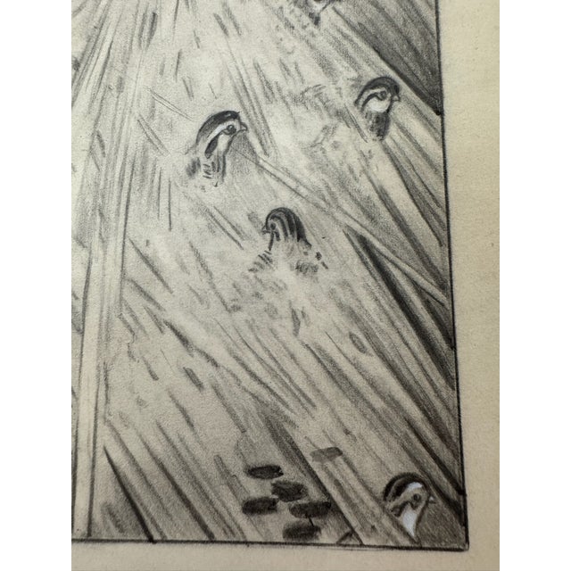 1940s Original Signed Graphite Illustration of Bird Dog, Hunter and Quail in Tall Grass, 13.25 × 10.5 In. For Sale - Image 4 of 6