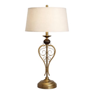 Vintage Sunlit Bronze Scrollwork Table Lamp — Transitional Neoclassical, 32” H, Linen Drum Shade For Sale