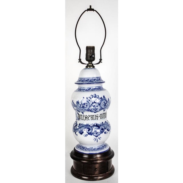 White Vintage Blue & White Lamp With Latin Inscription - Secret Drawer For Sale - Image 8 of 8