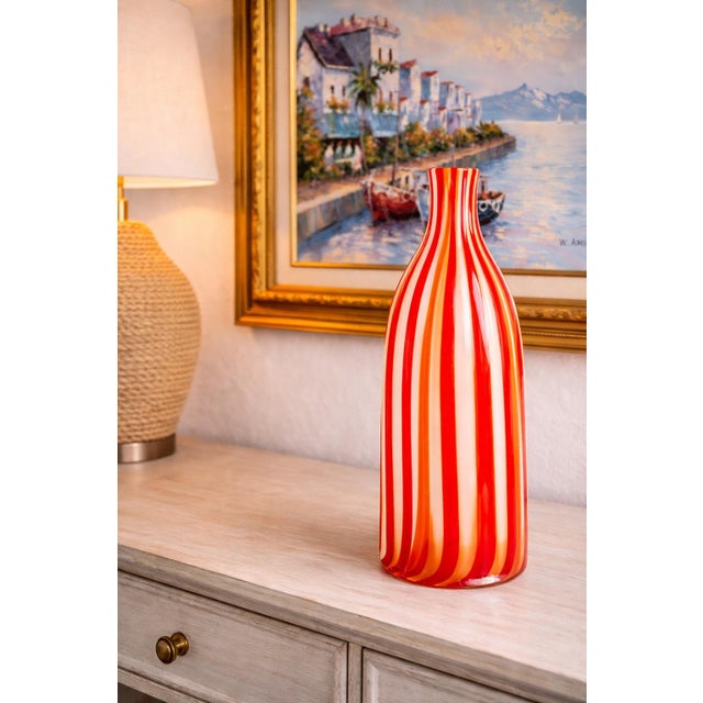Mid-Century Modern Late 20th Century Murano-Style Red & Orange Striped Art Glass Vase – Tall Hand-Blown Statement Piece For Sale - Image 3 of 9