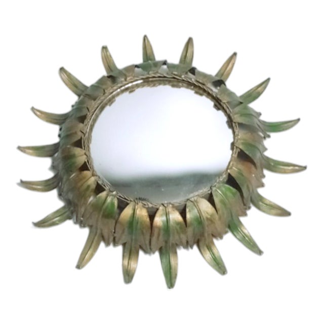 Vintage Sun Mirror in Golden Metal with Green Details For Sale - Image 10 of 10