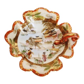 Antique Hand Painted Japanese Kutani Porcelain Trinket Bowl Asian Handled Bowl Decor For Sale