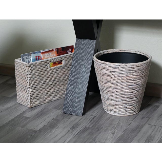 Boho Chic Artifacts Rattan Round Tapered Waste Basket with Metal Liner in White Wash - 12" For Sale - Image 3 of 7