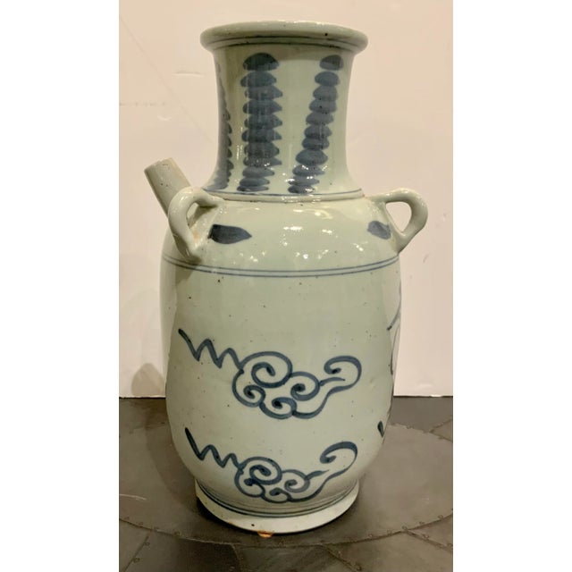 Asian Asian Style White and Blue Glaze Porcelain Prosperity Oil Pot For Sale - Image 3 of 6