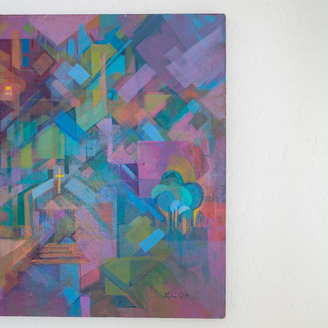 Abstract Cubist Polychrome Cityscape With Purple and Turquoise For Sale - Image 4 of 13