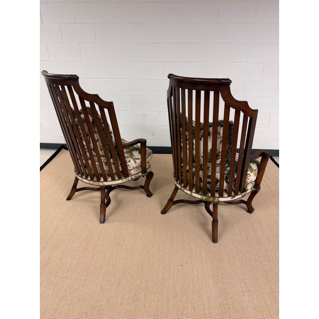 English 1980s Pair of Hand Carved High Back Slatted Chairs From Baker Furniture For Sale - Image 3 of 11