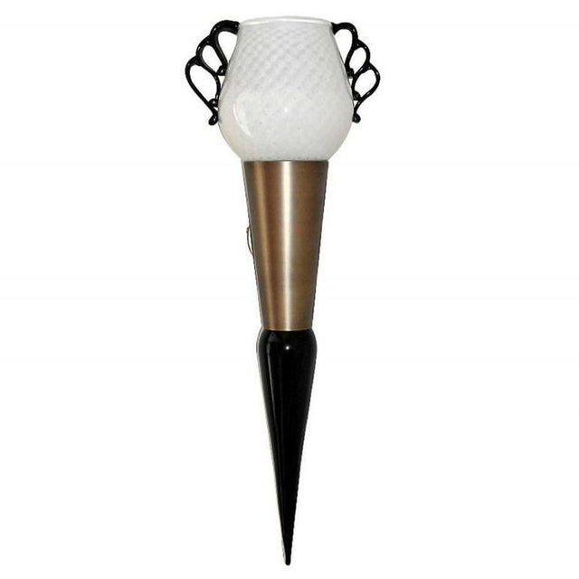 One of a kind Italian sconces with hand blown milky white Murano glass shades with black scrolling decorations, bronzed...