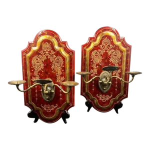 Pair of Late 20th Century Italian Renaissance Style Wood & Brass Sconces