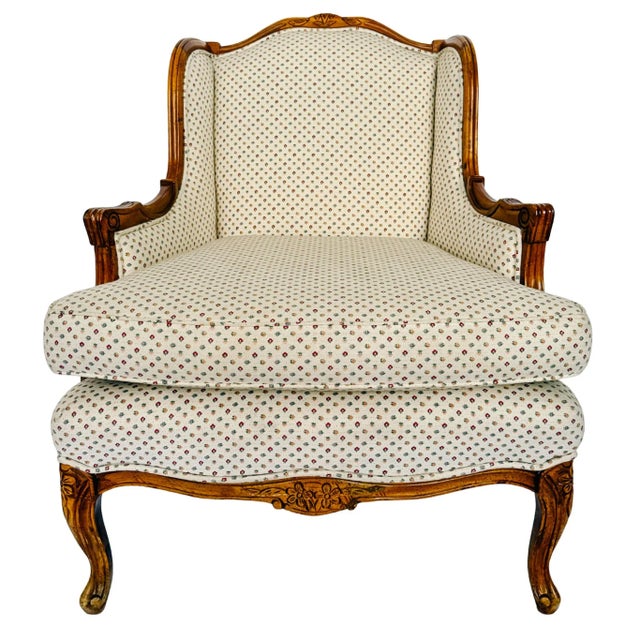 French Provincial Louis XV Bergere Armchair With Carved Wood Frame & Petite Floral Upholstery For Sale - Image 16 of 16