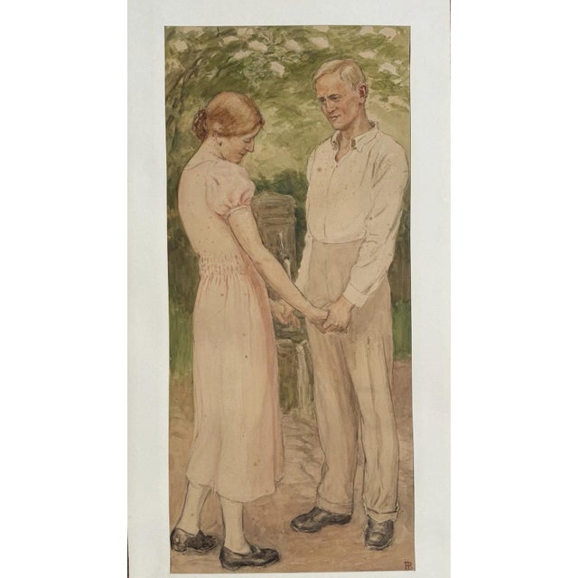 Modern Heinrich Pforr, Heinrich & Erna Pforr Holding Hands in the Garden, Watercolor For Sale - Image 3 of 13