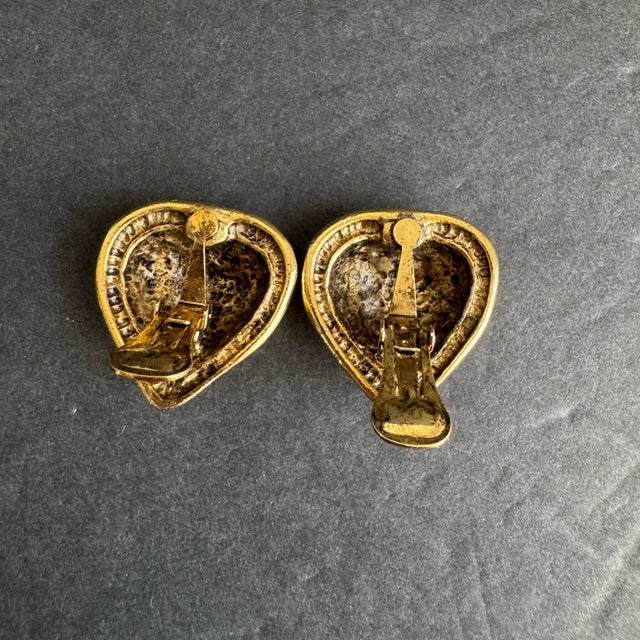 Metal Vintage Puffy Heart Earrings Gold Tone Clip on Statement Jewelry 80s Designer For Sale - Image 7 of 10