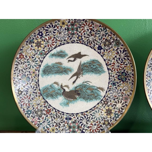 Pair of Japanese Cloisonne Enamel Plates Chargers Ducks Pastel Floral Borders For Sale - Image 10 of 18